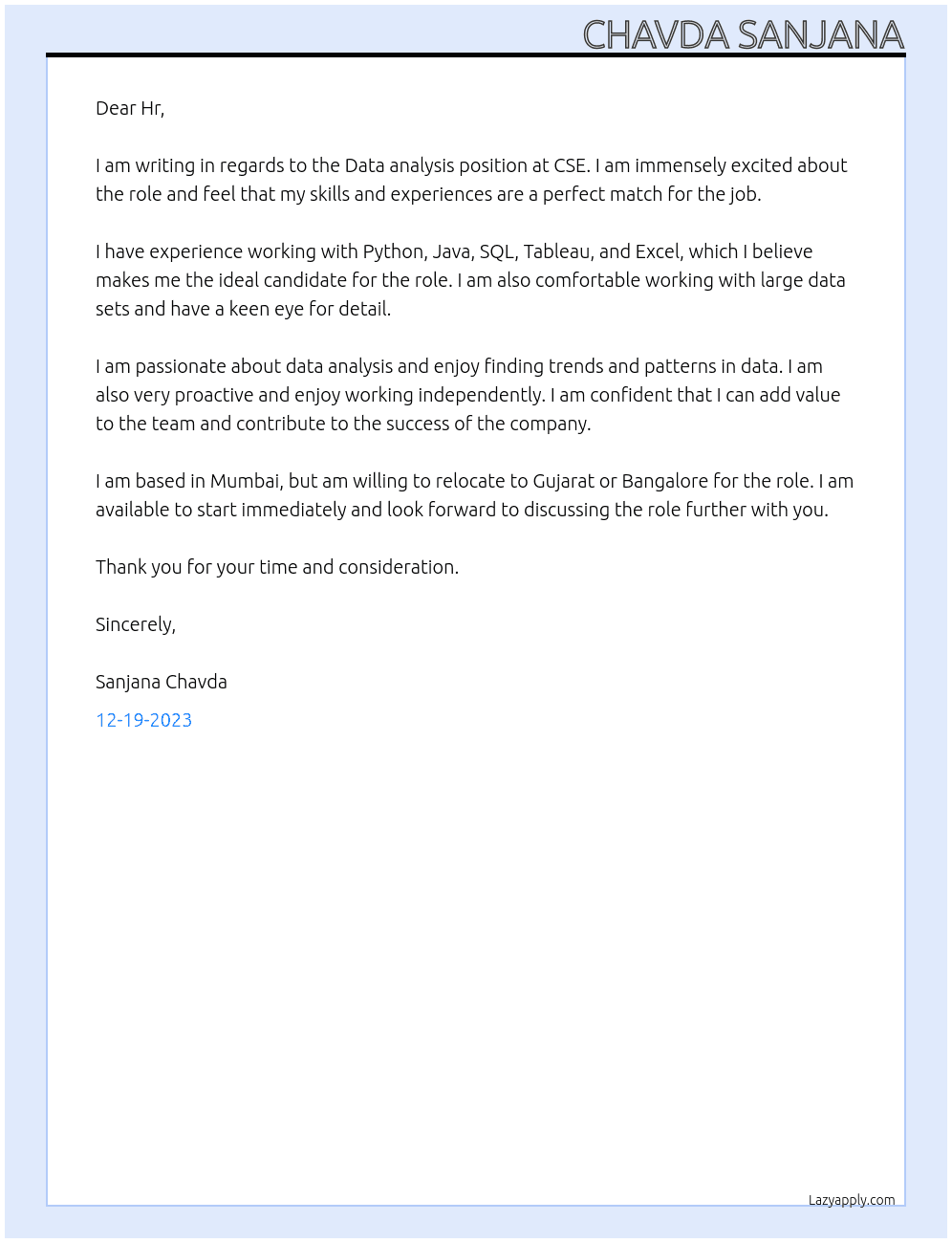 Data analysis  At CSE Cover Letter