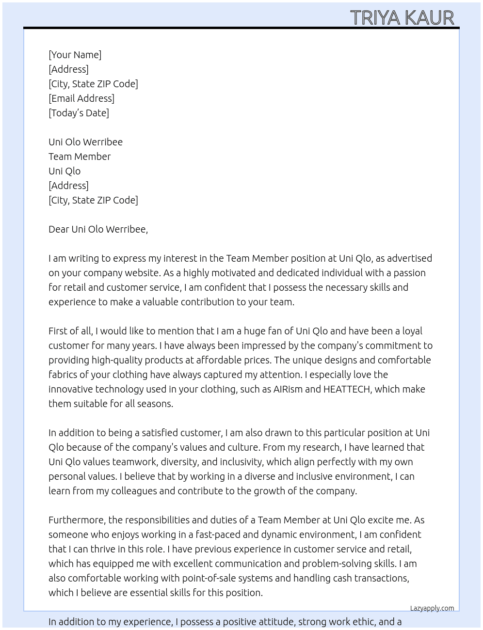 Team Member  At Uni Qlo Cover Letter