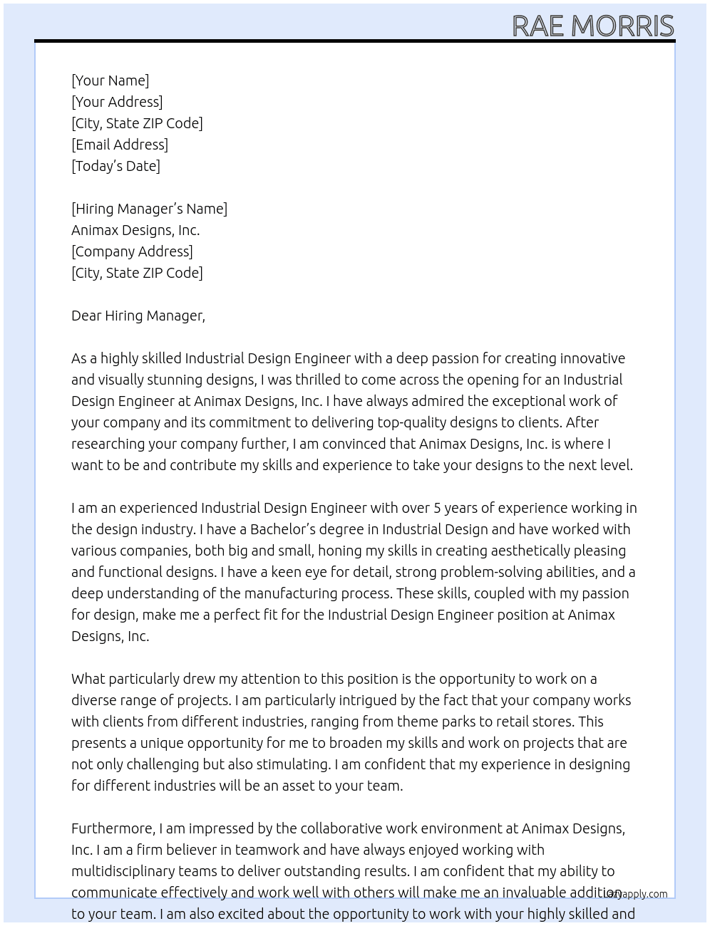 Industrial Design Engineer At Animax Designs, Inc. Cover Letter