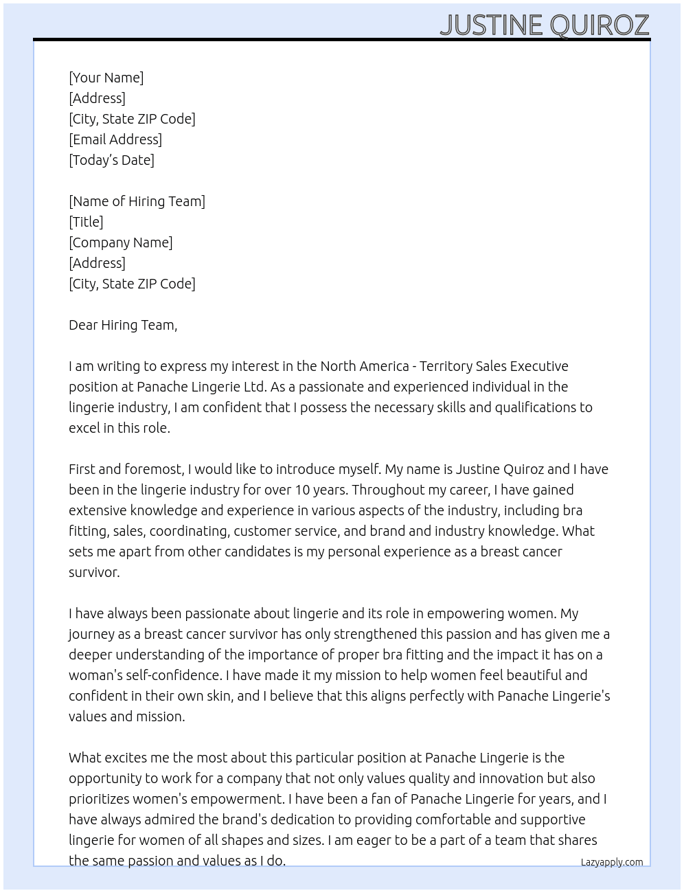 North America - Territory Sales Executive   At  panache lingerie ltd Cover Letter