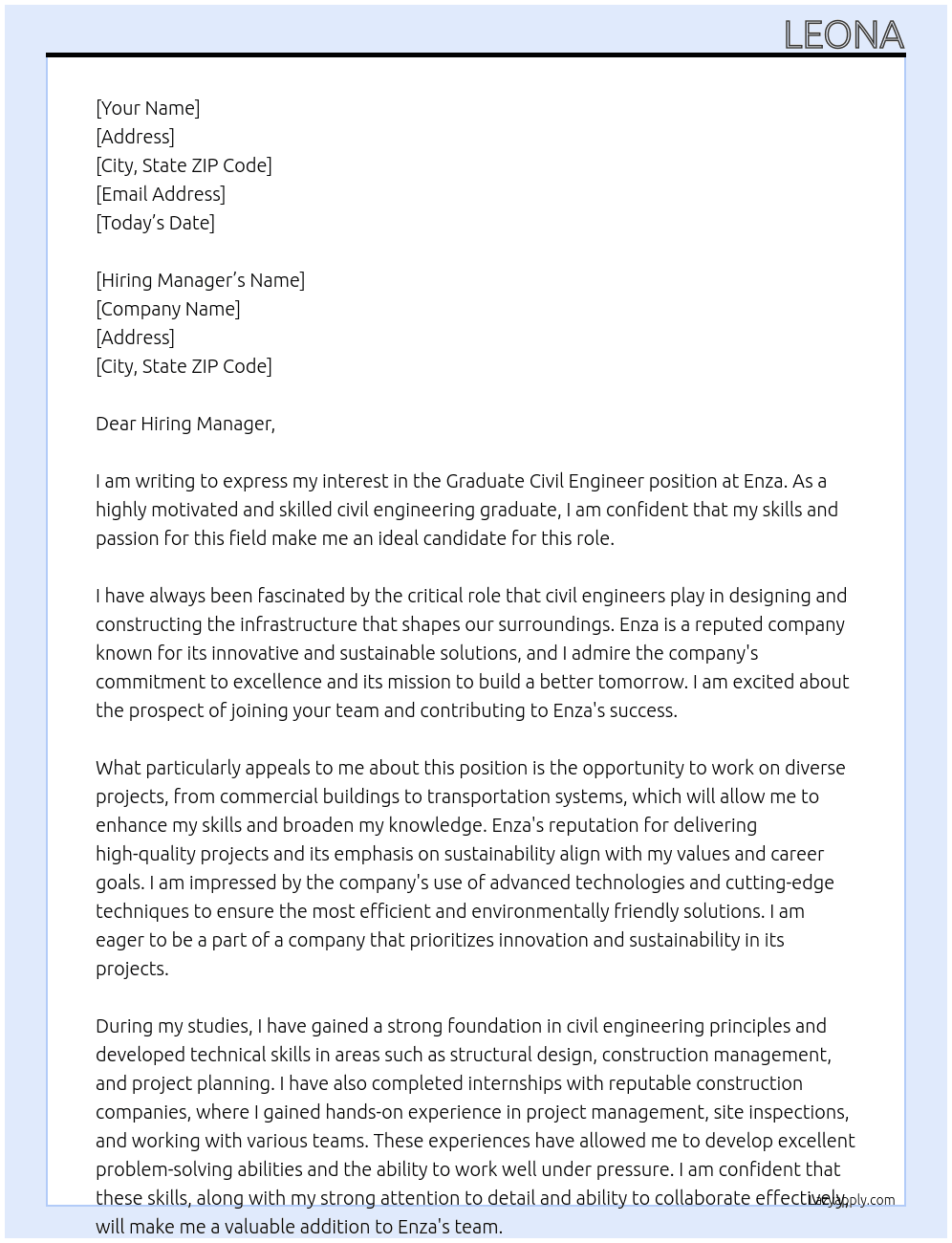 Graduate Civil Engineer At Enza Cover Letter