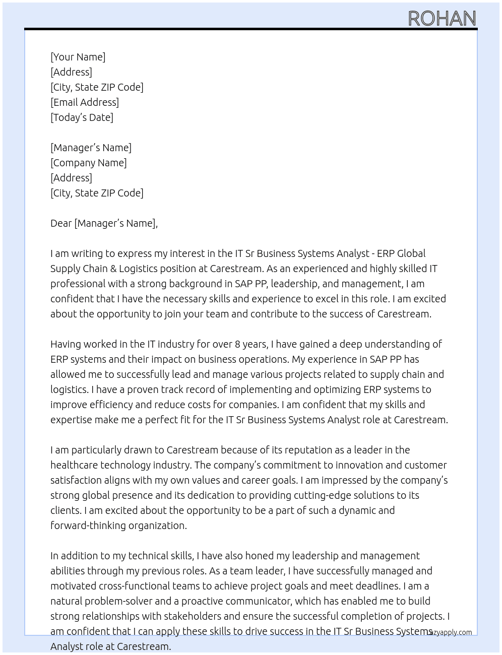IT Sr Business Systems Analyst - ERP Global Supply Chain & Logistics At Carestream Cover Letter
