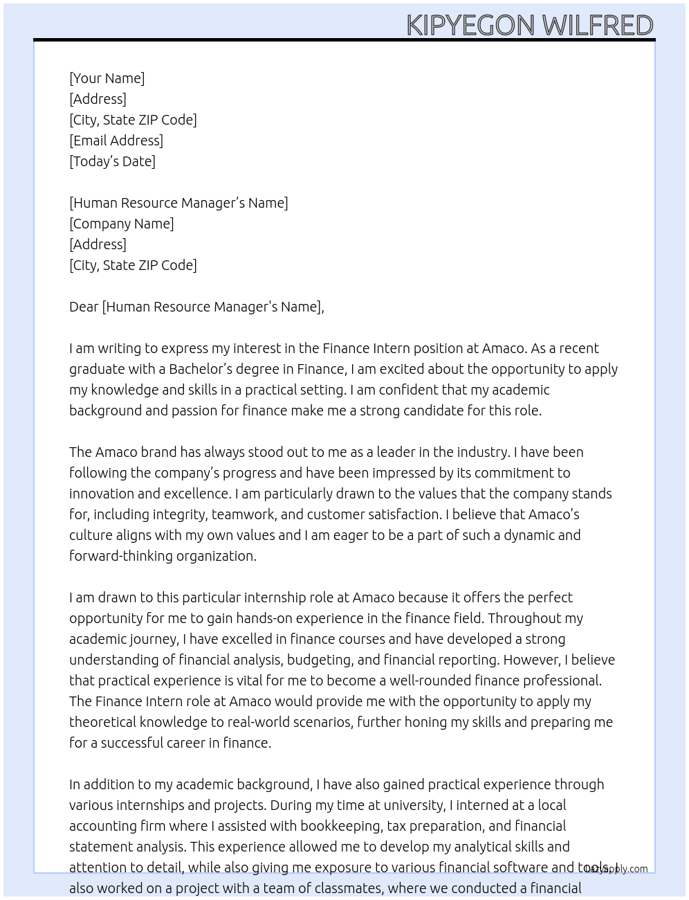 finance intern At amaco  Cover Letter