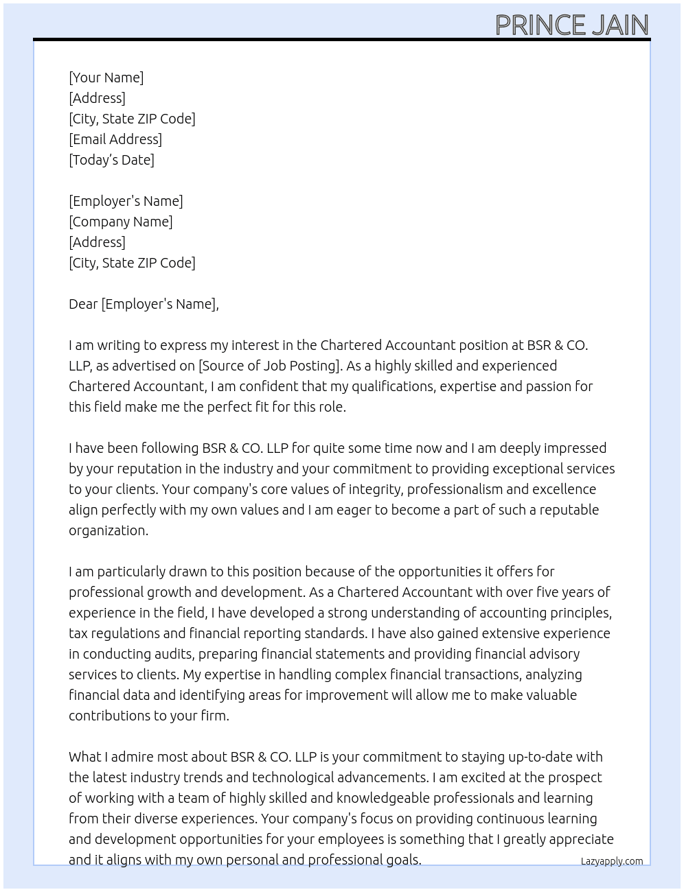 CHARTERED ACCOUNTANT At BSR & CO. LLP Cover Letter