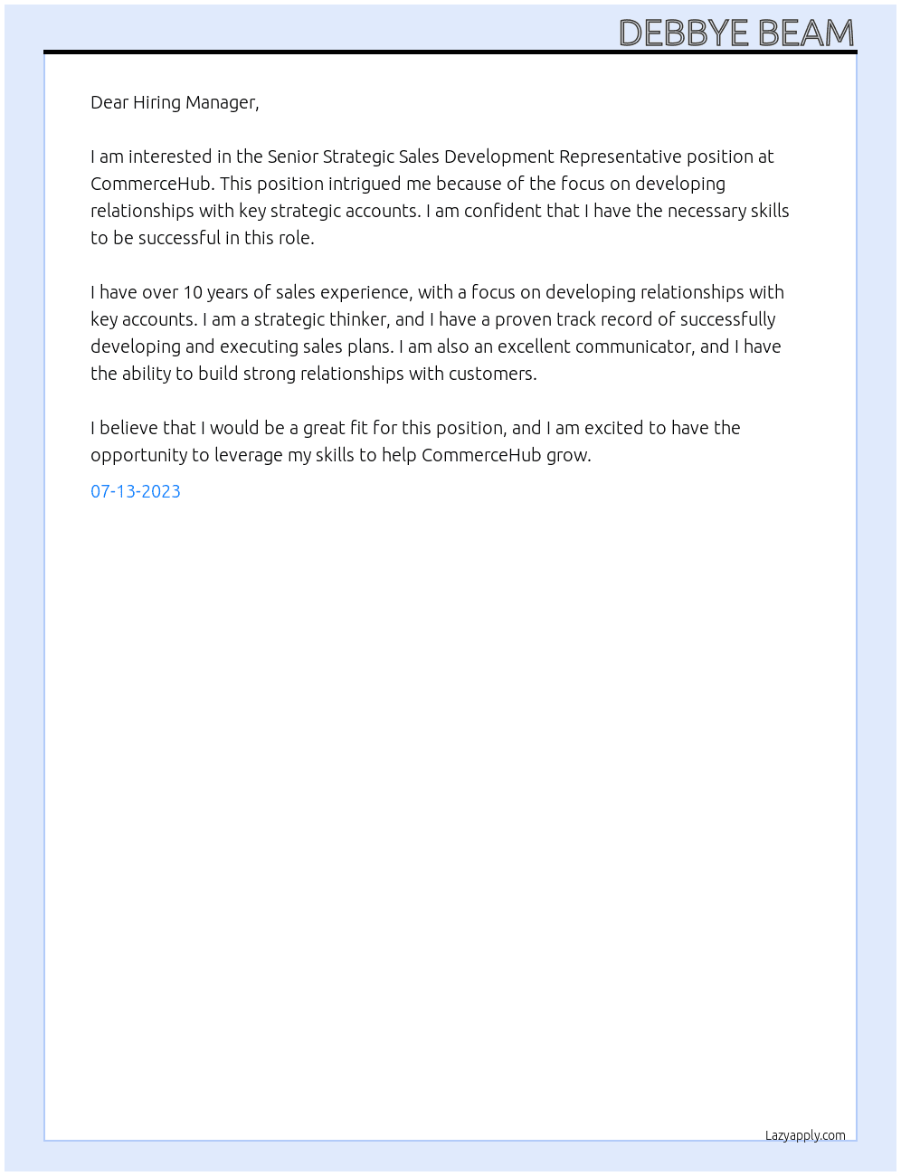 Senior Strategic Sales Development Representative At CommerceHub Cover Letter