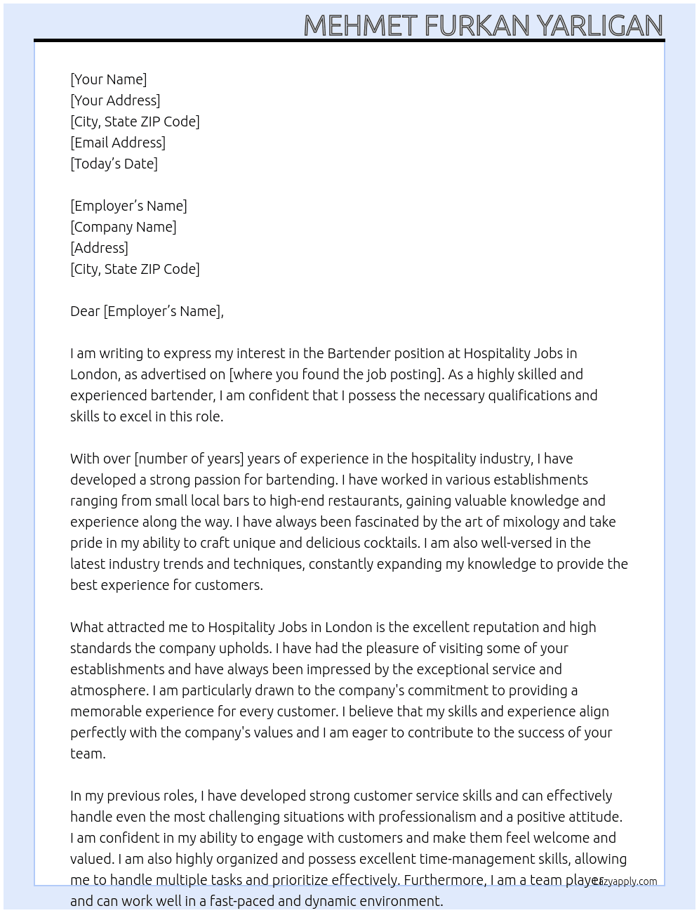 Bartender At Hospitality jobs in London Cover Letter