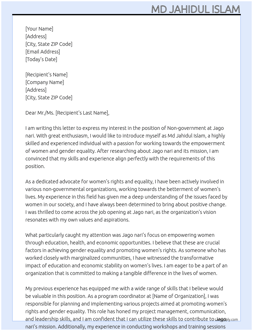 Non government  At Jago nari Cover Letter