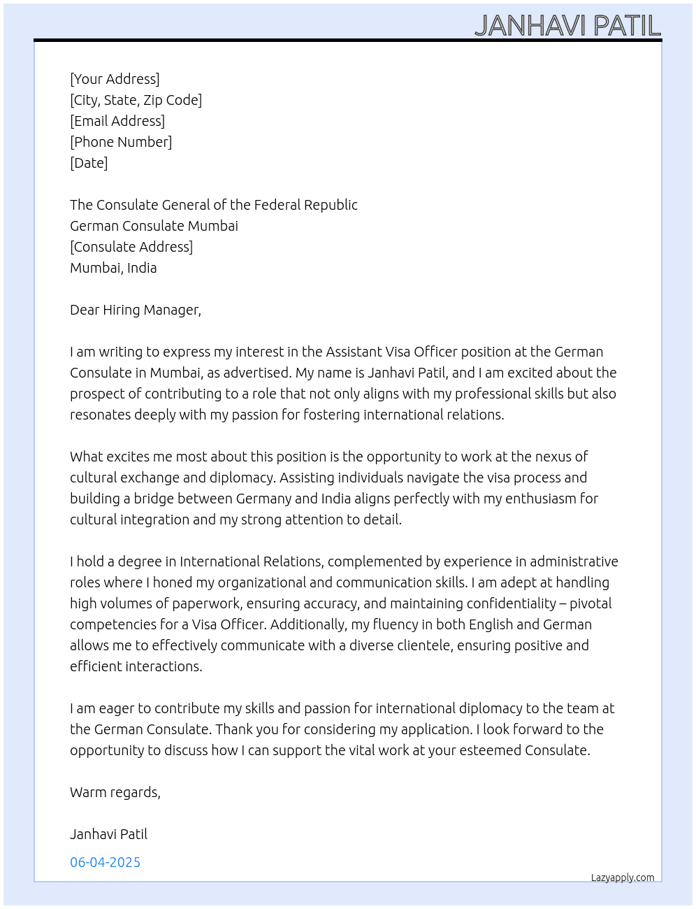 Cover letter for assisant visa officer - LazyApply