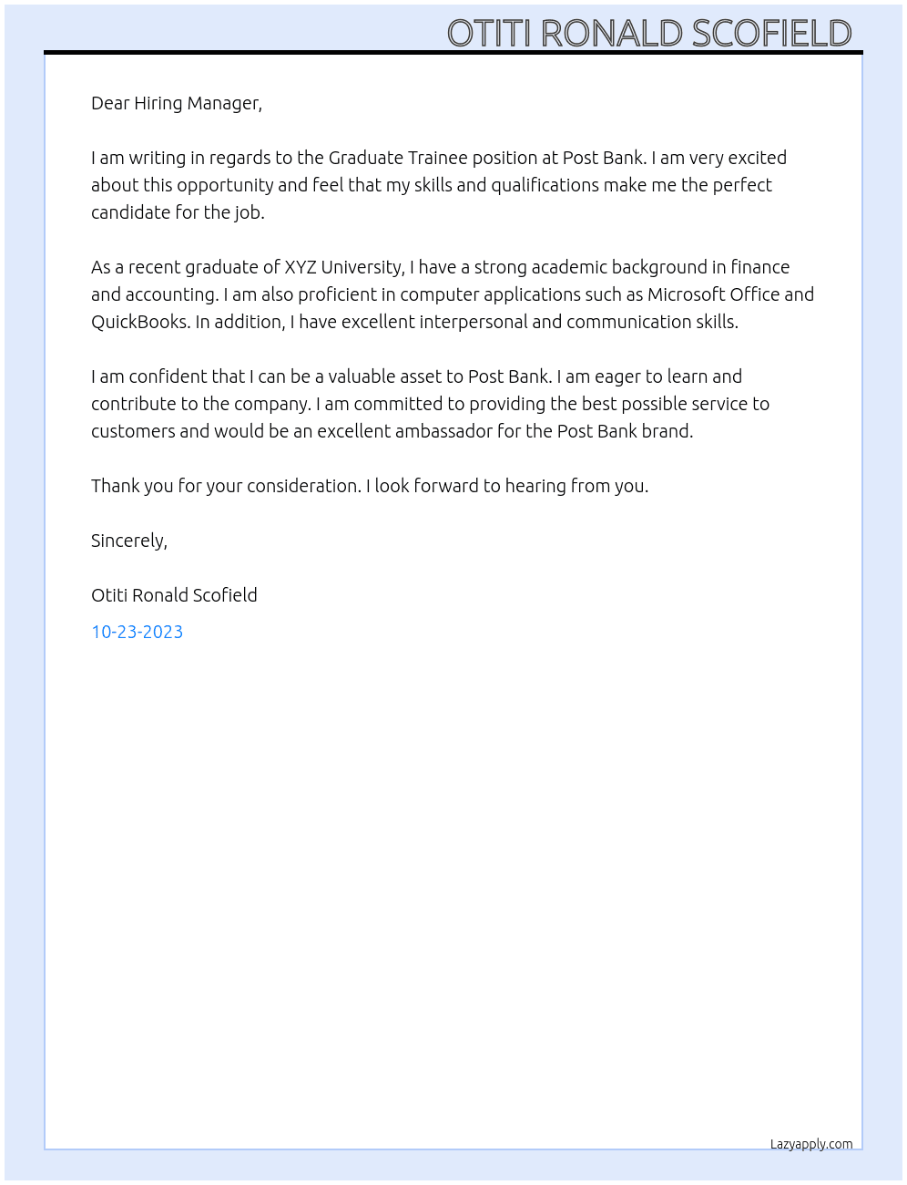 Graduate Trainee  At Post Bank Cover Letter