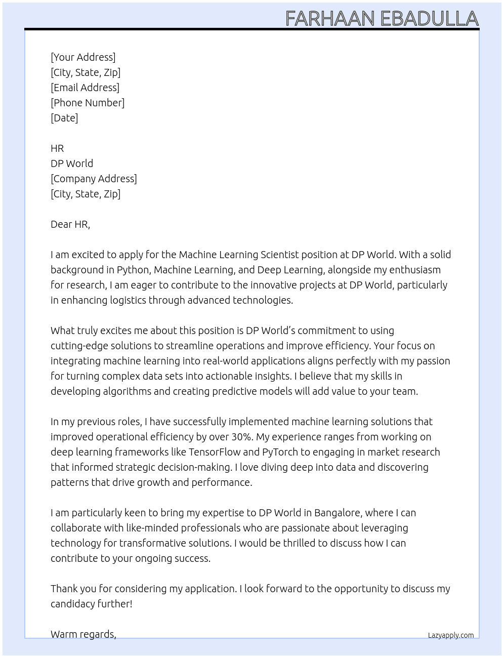 Machine Learning Scientist At DP World Cover Letter