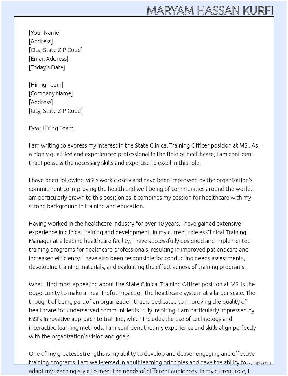 Cover letter for state clinical training officer - LazyApply