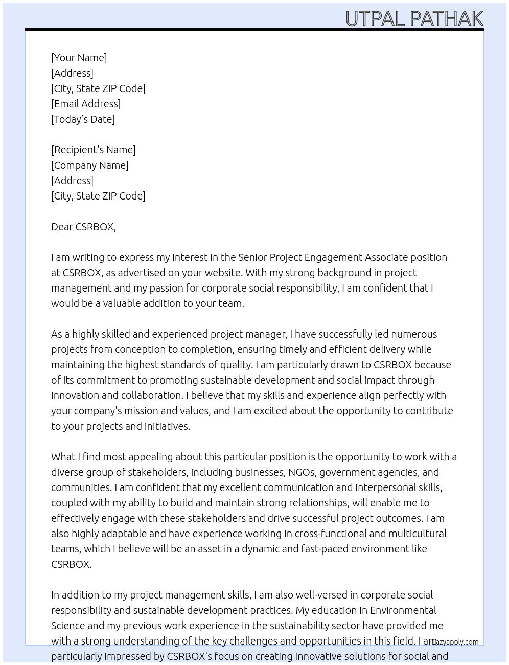 Senior Project Engagement Associate At CSRBOX Cover Letter