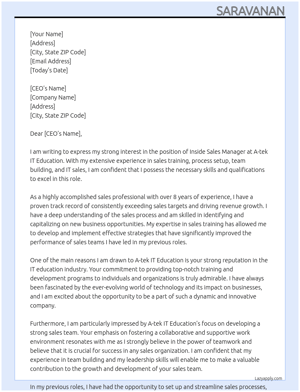 Inside sales manager  At A-tek IT Education  Cover Letter