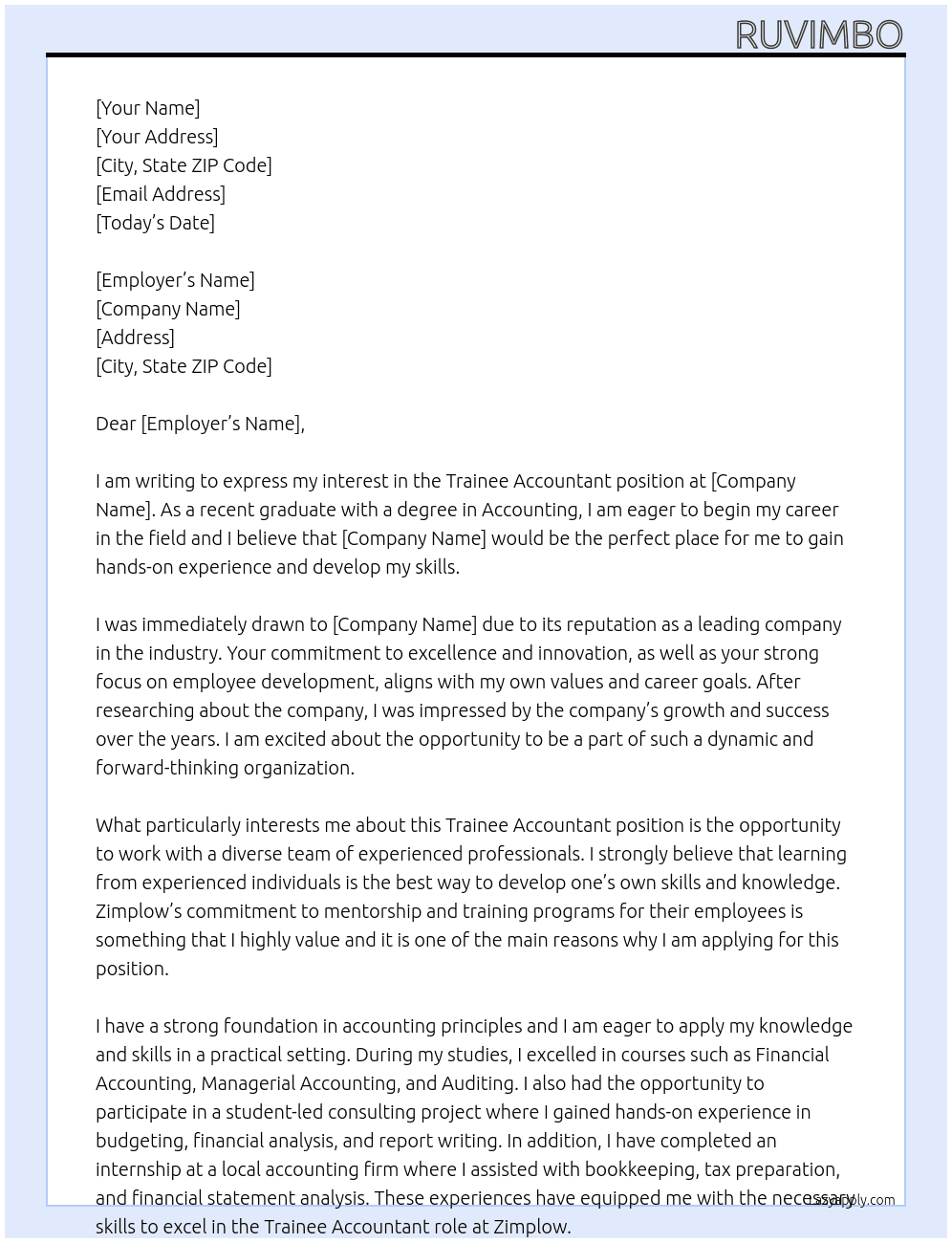 Trainee Accountant At zimplow Cover Letter