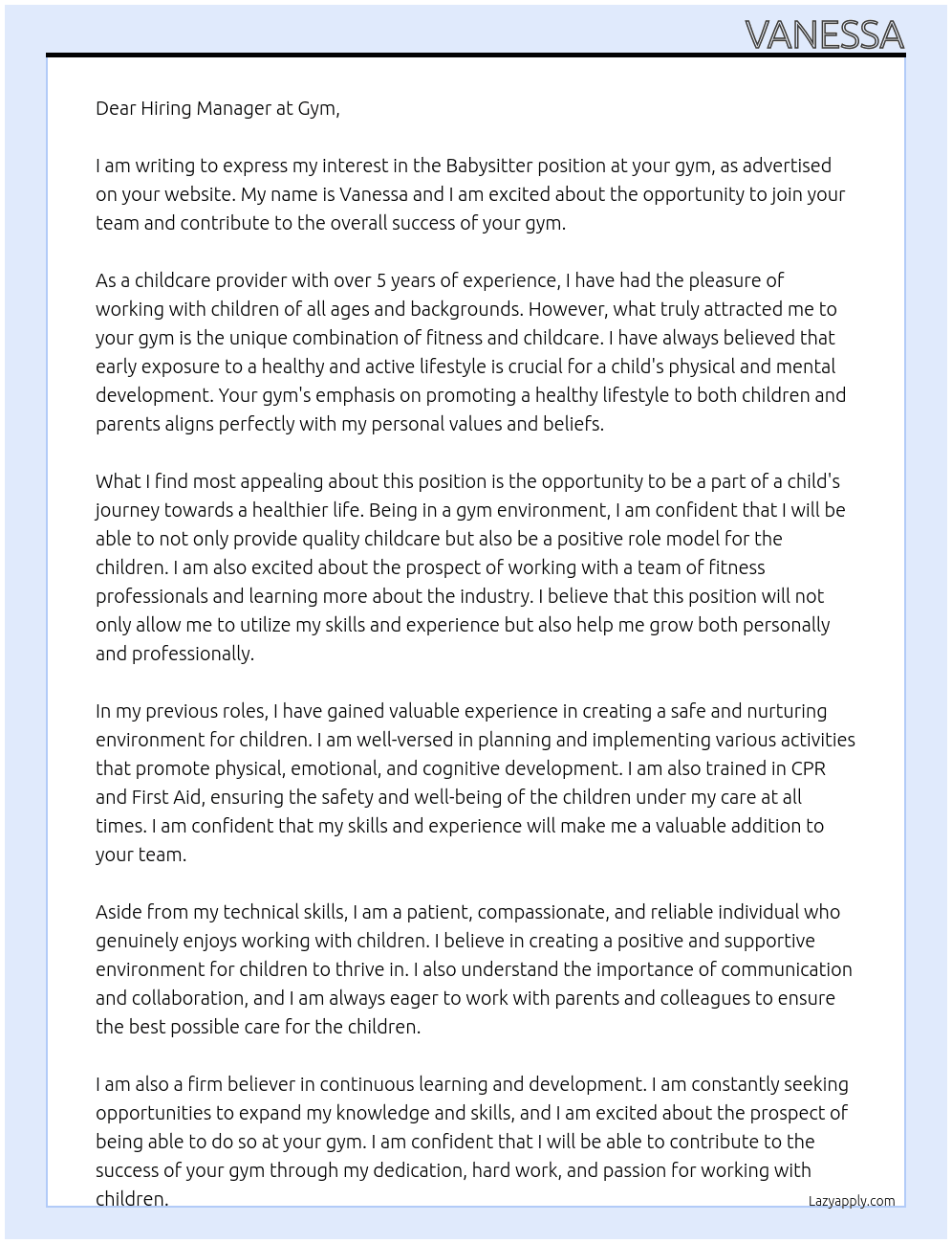 babysitter at a gym At gym Cover Letter
