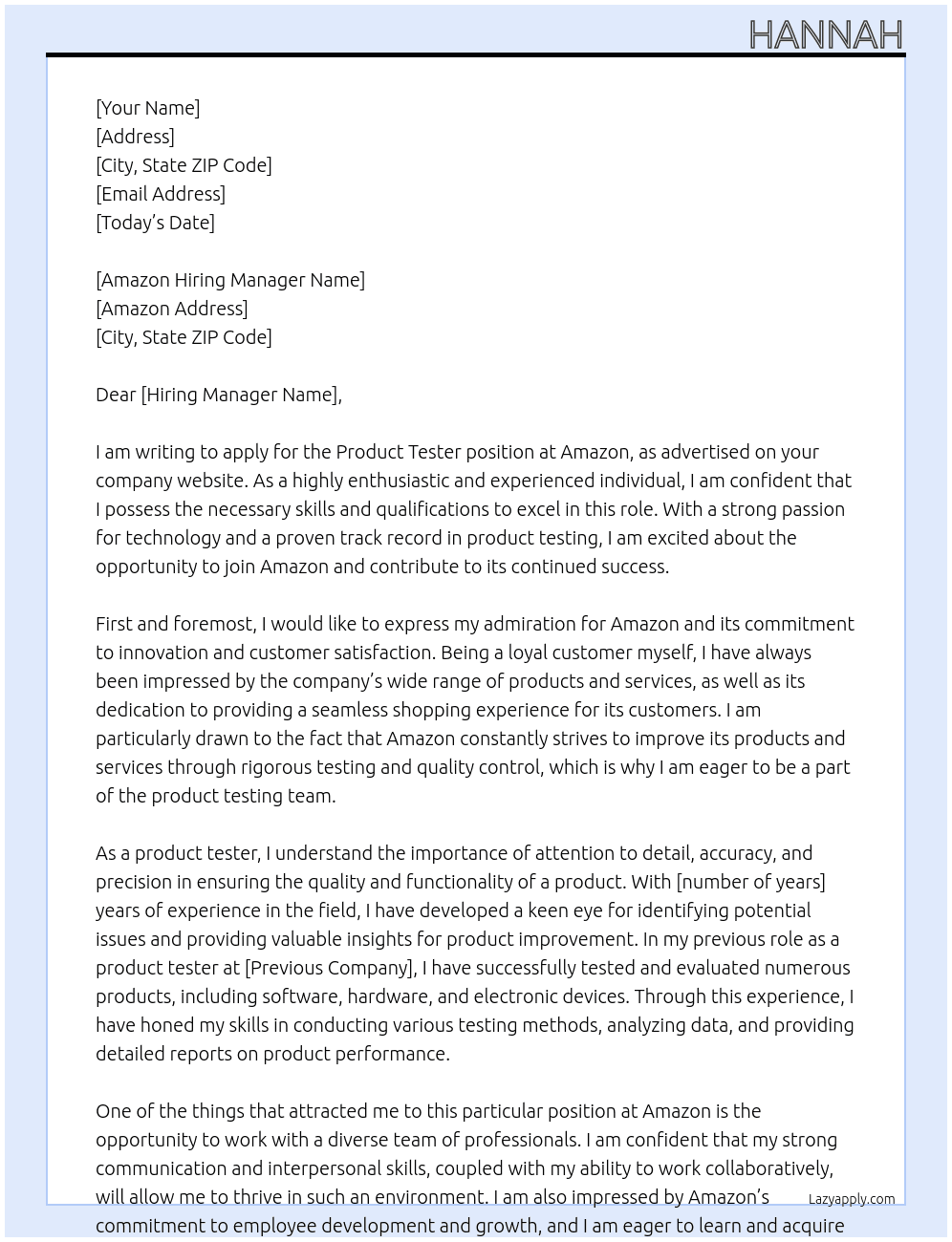 Product tester At Amazon Cover Letter
