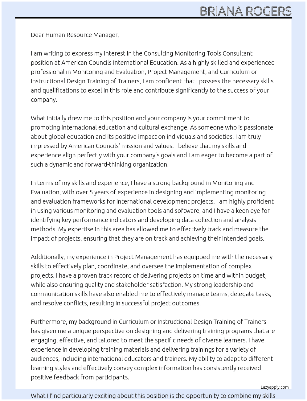 "Consulting" Monitoring Tools Consultant At American Councils International Education Cover Letter
