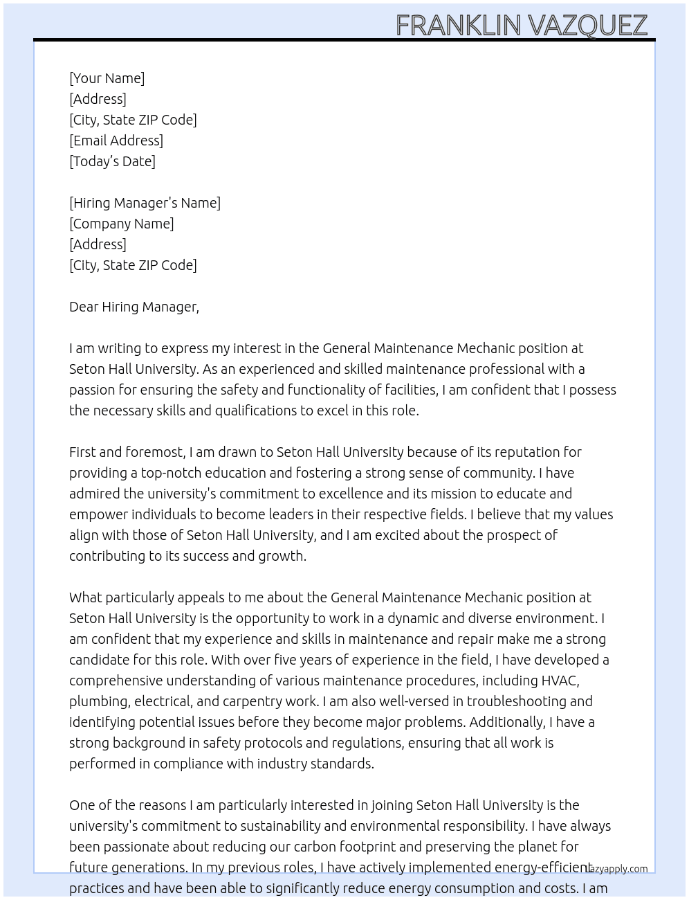 General Maintenance Mechanic  At Seton Hall University  Cover Letter