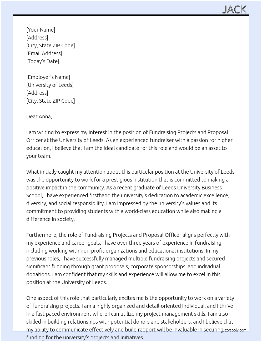 Fundraising Projects and Proposal Officer At University of Leeds Cover Letter