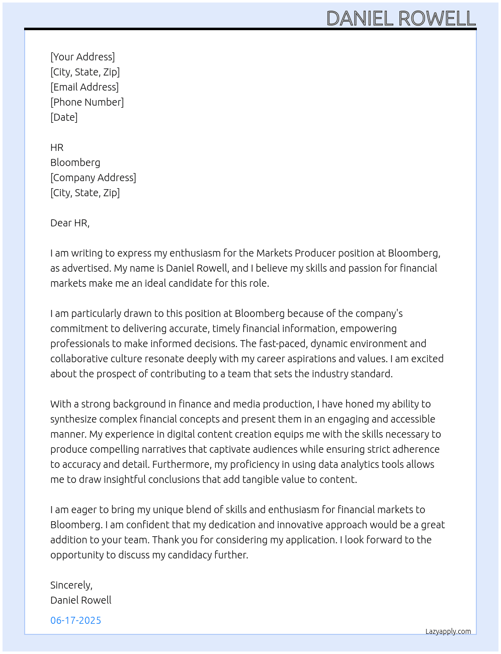 Cover letter for markets producer - LazyApply