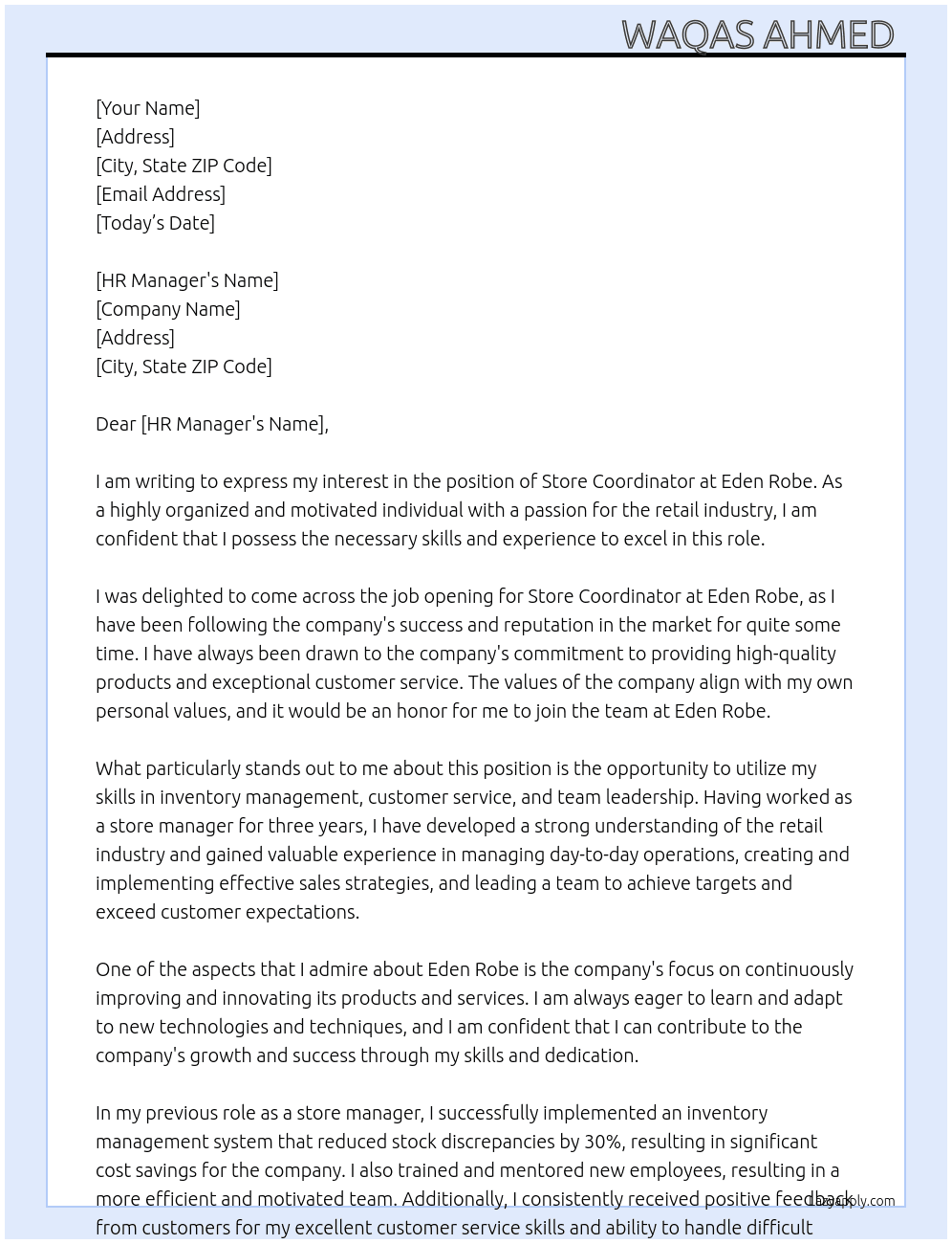 Store coordinator  At Eden Robe Cover Letter