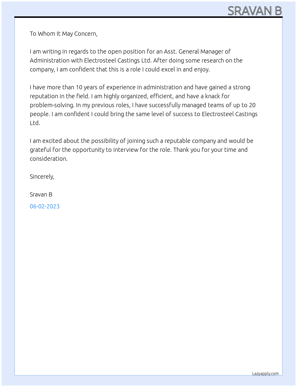 Administration At Electrosteel Castings Ltd Cover Letter