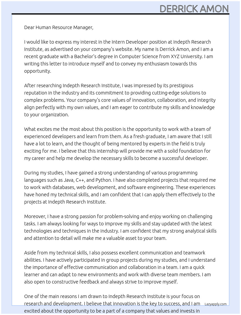 Intern Developer At Indepth Research Institute  Cover Letter