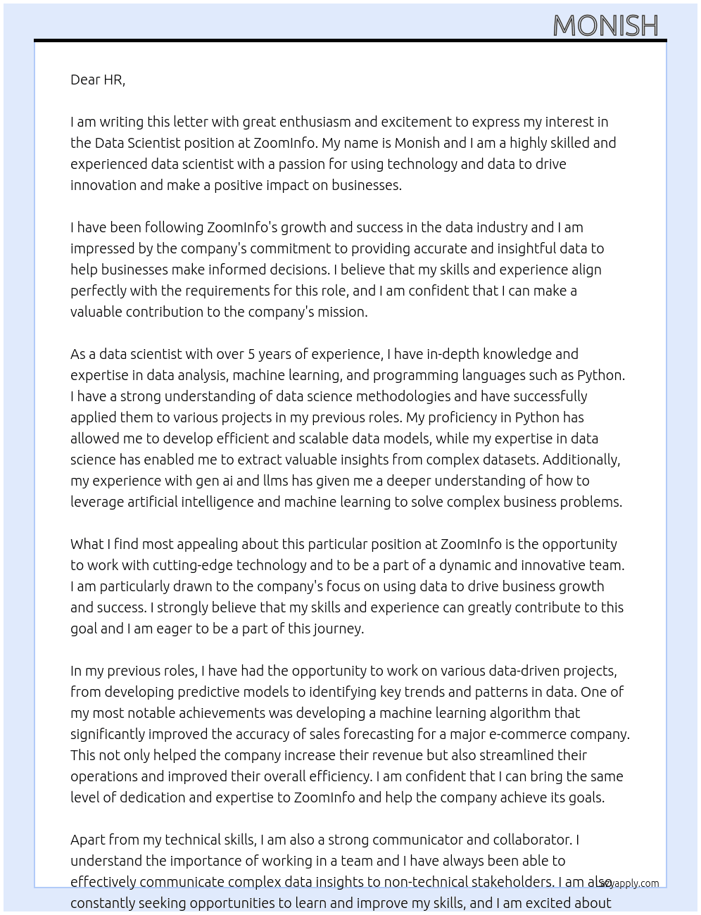 Data Scientist At ZoomInfo Cover Letter