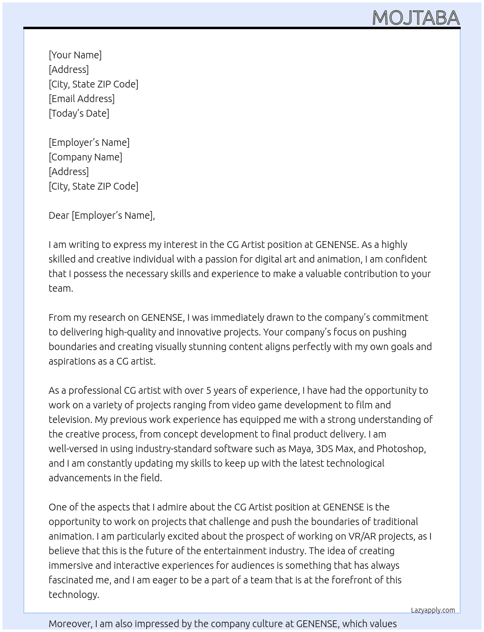 CG Artist At GENENSE Cover Letter