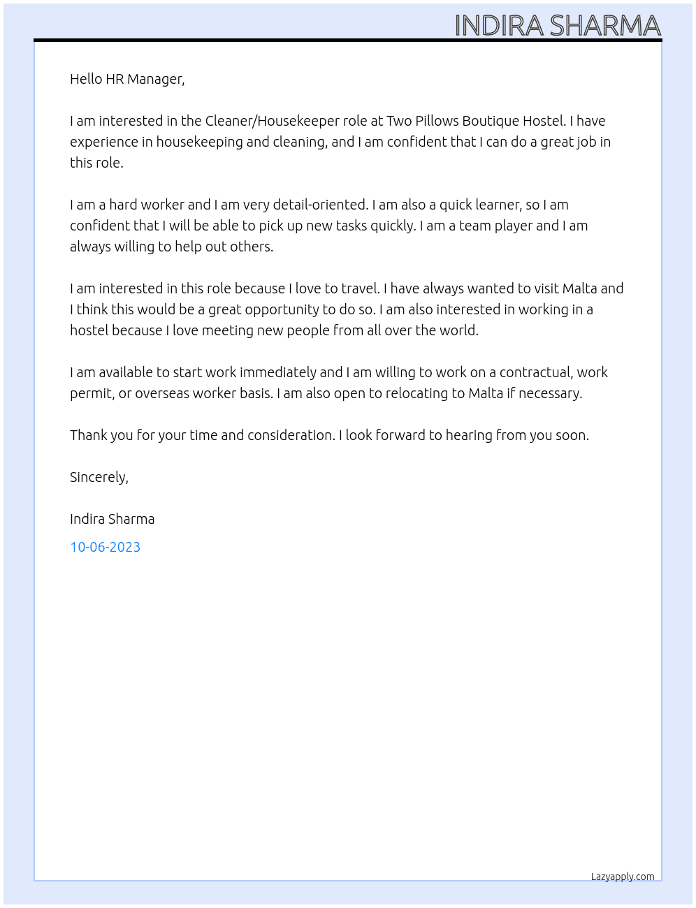 Cleaner/Housekeeper  At Two Pillows Boutique Hostel Cover Letter