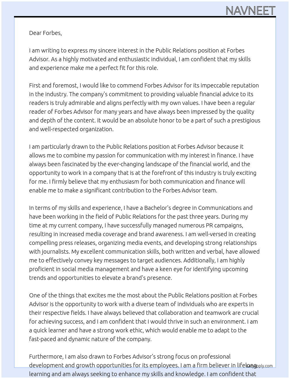Public Relations  At FORBES ADVISOR Cover Letter
