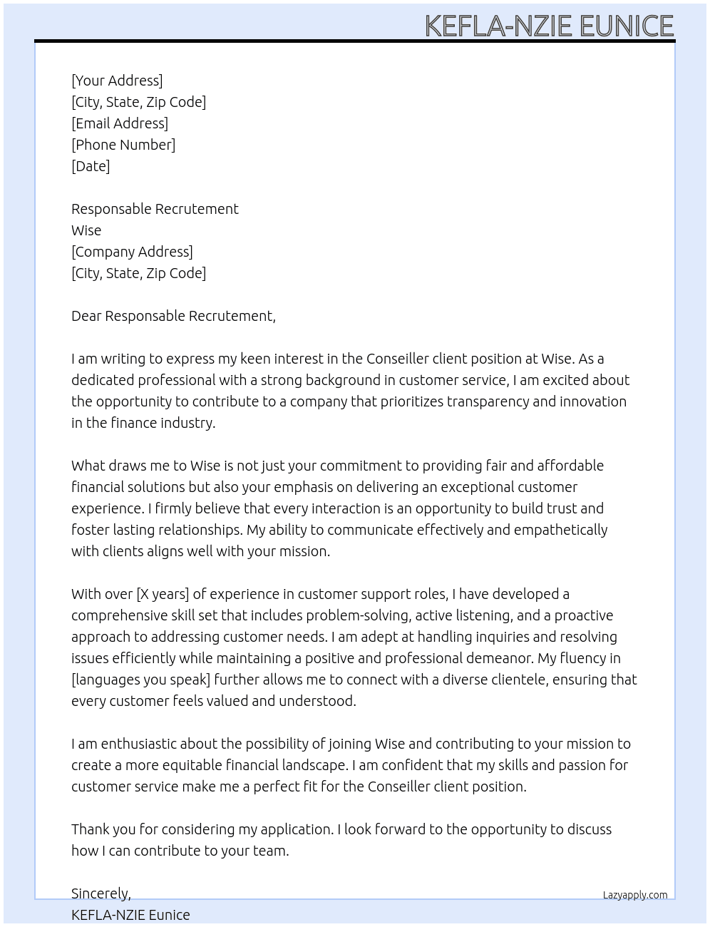 Conseiller client At Wise Cover Letter