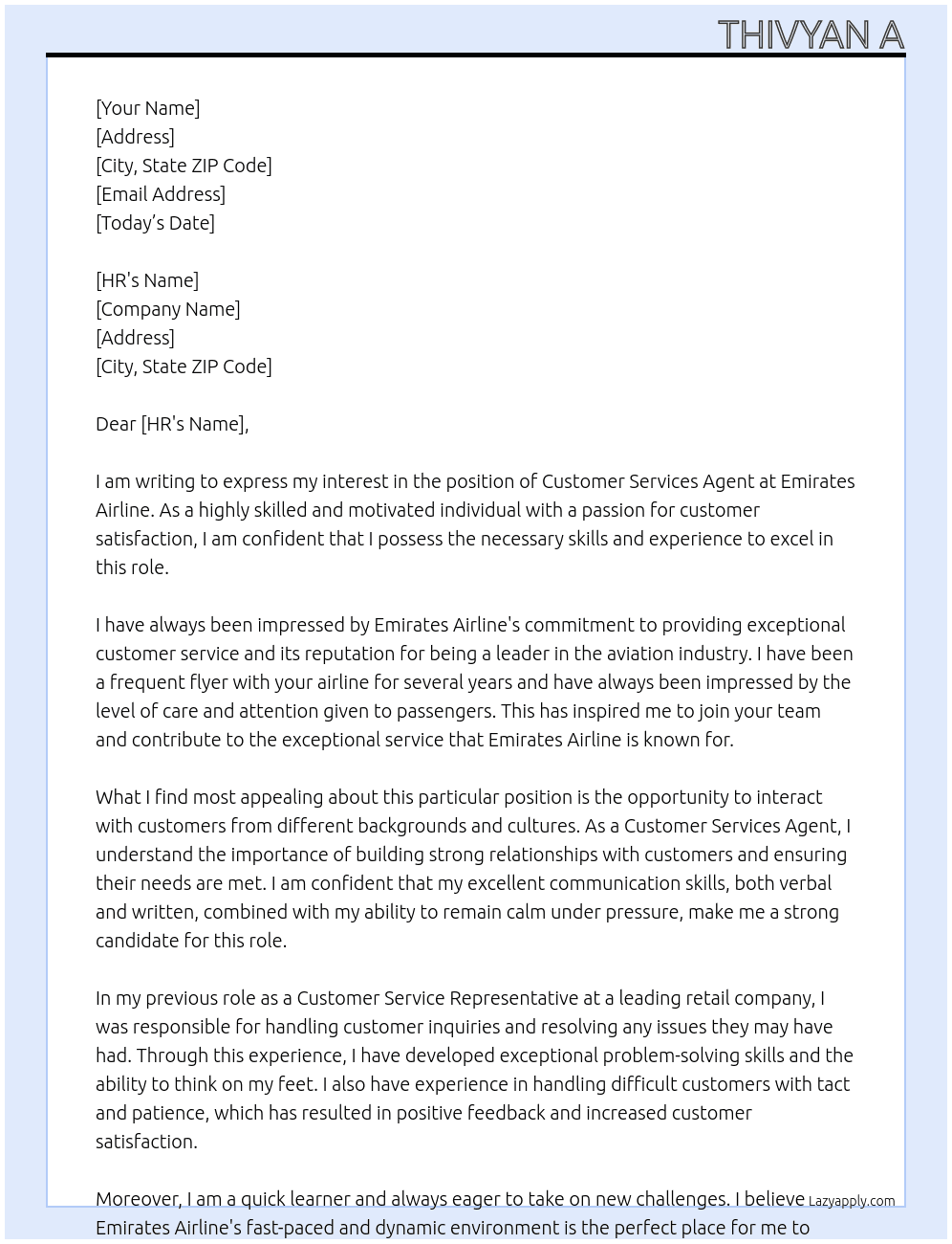 Customer Services Agent At Emirates Airline Cover Letter