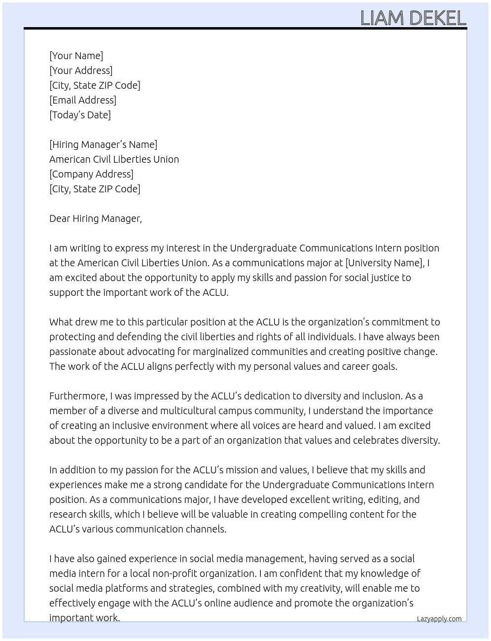 Undergraduate Communications Intern At American Civil Liberties Union Cover Letter