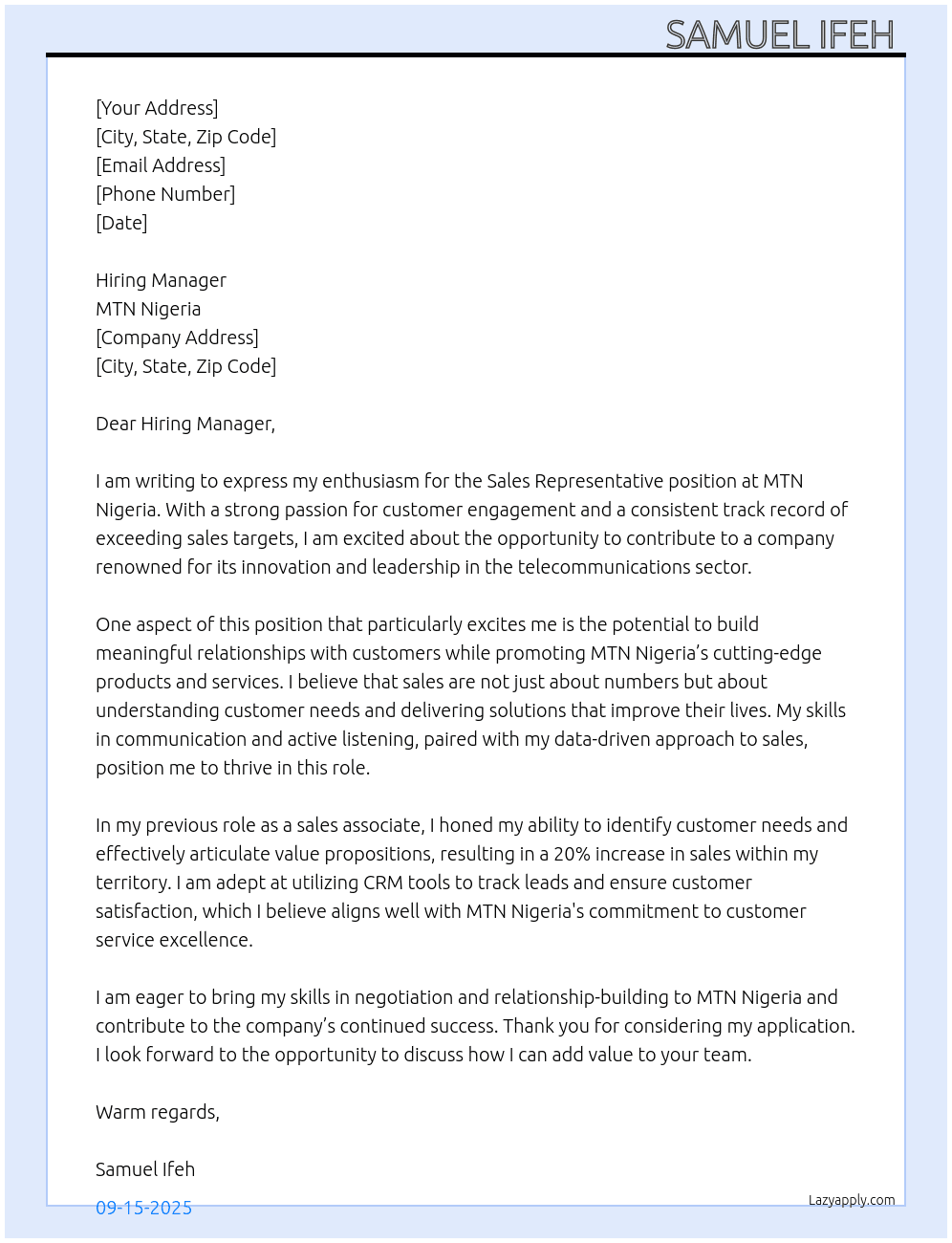 Sales representative  At Mtn Nigeria  Cover Letter