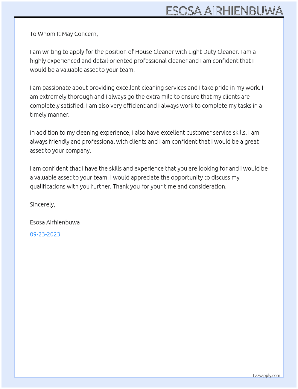 House Cleaner At Light Duty Cleaner Cover Letter