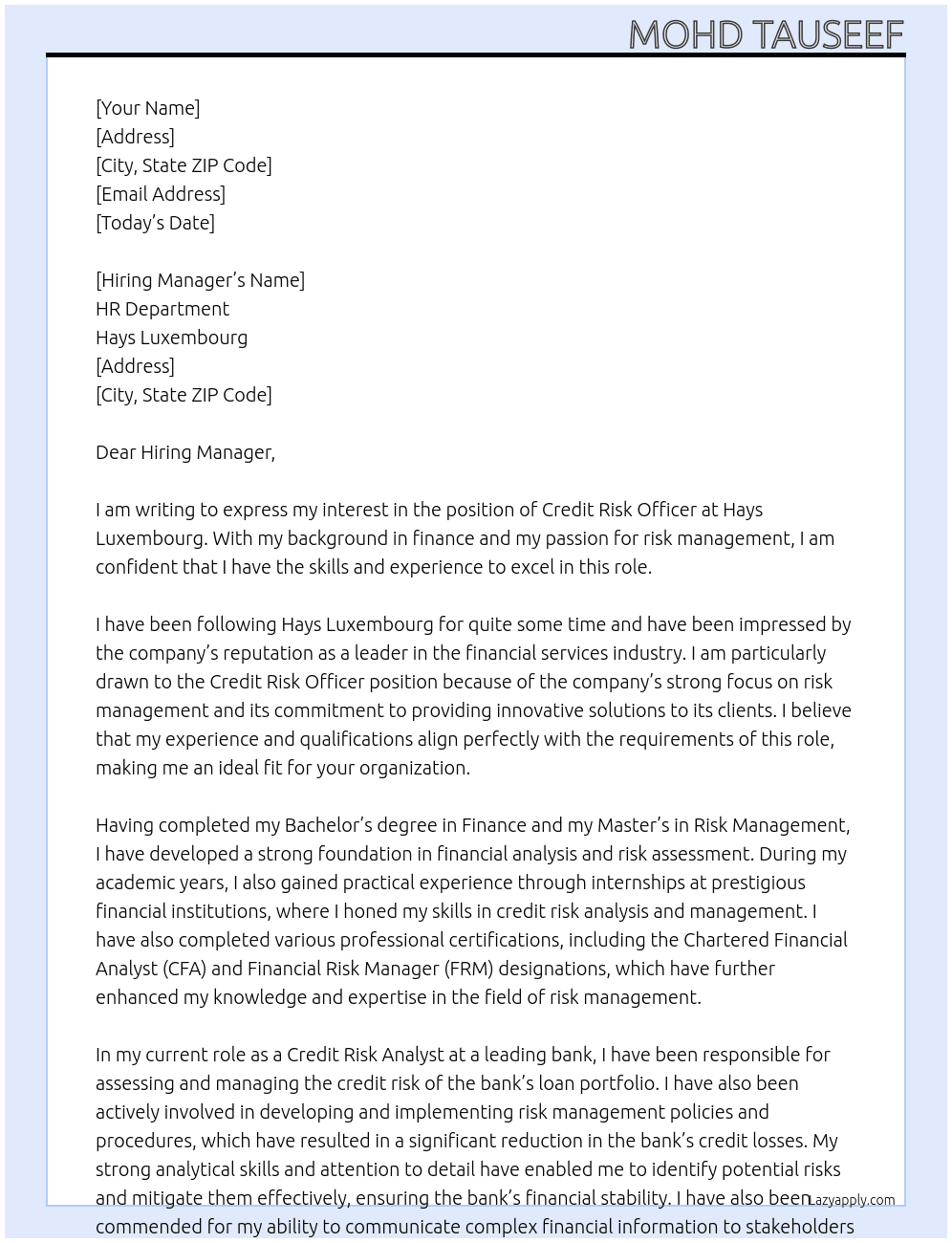 Credit risk officer  At Hays Luxembourg Cover Letter