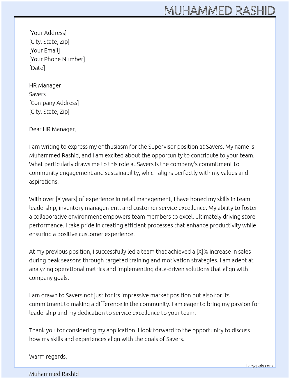 Supervisor At Savers Cover Letter