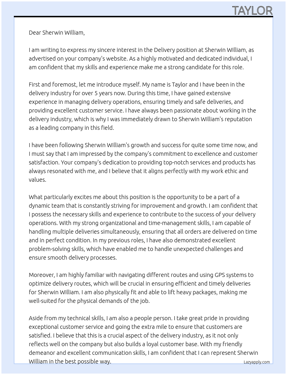 Delivery  At Sherwin William Cover Letter
