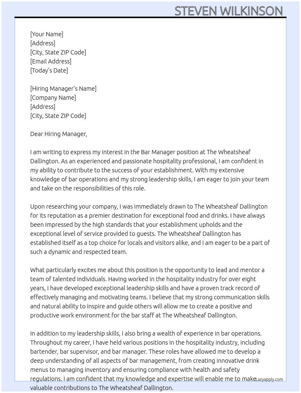 Bar manager  At The wheatsheaf dallington  Cover Letter