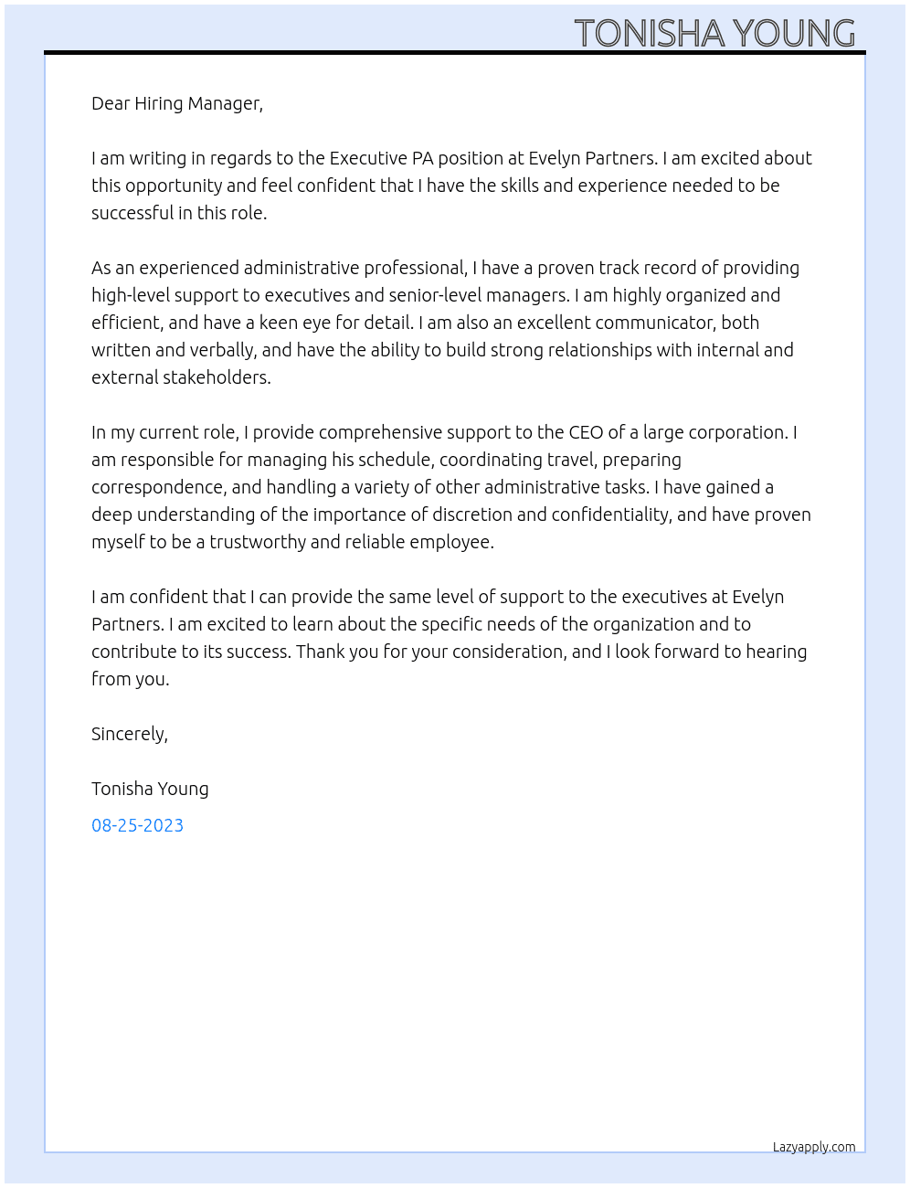  Executive PA  At Evelyn Partners  Cover Letter