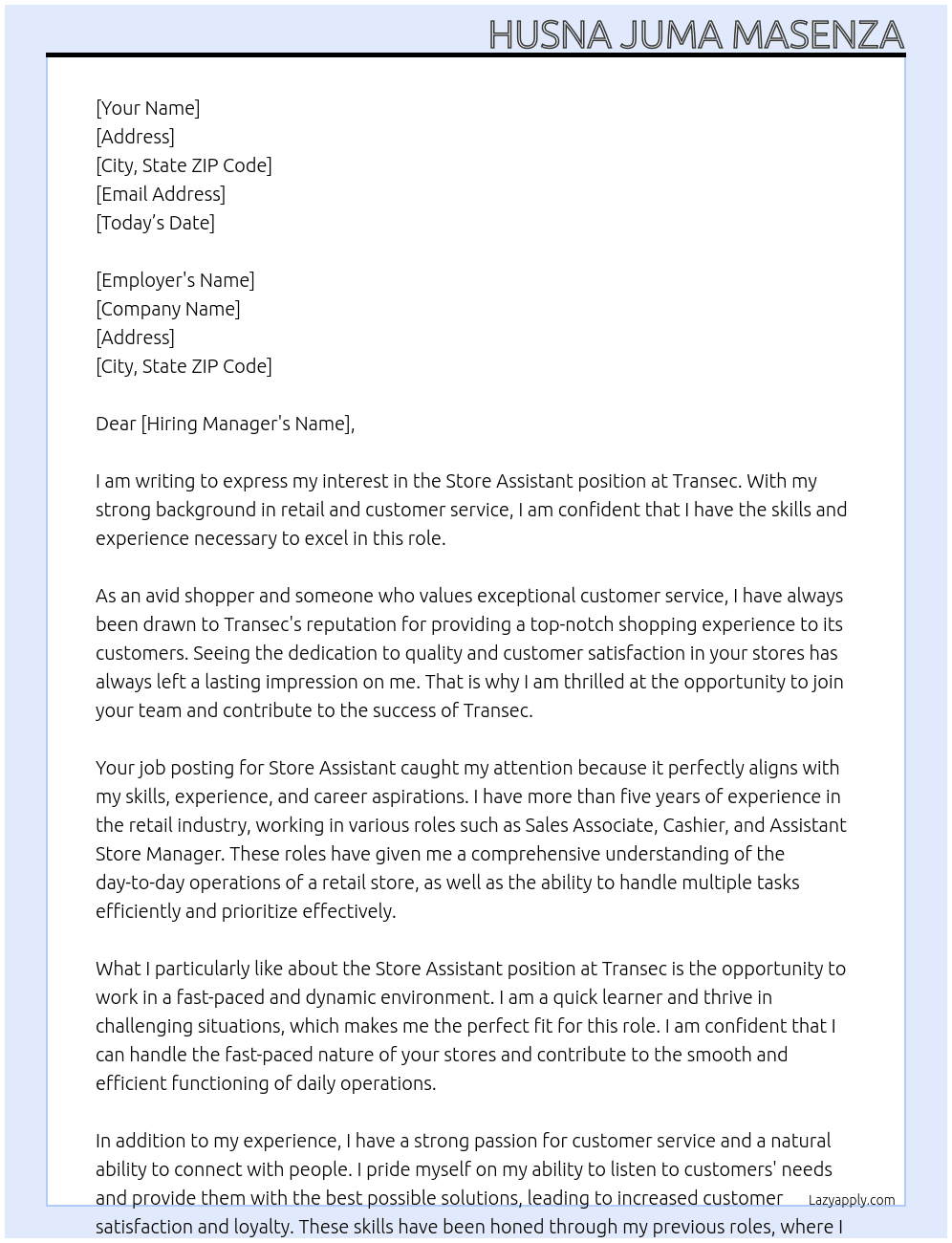 Store assistance At Transec Cover Letter