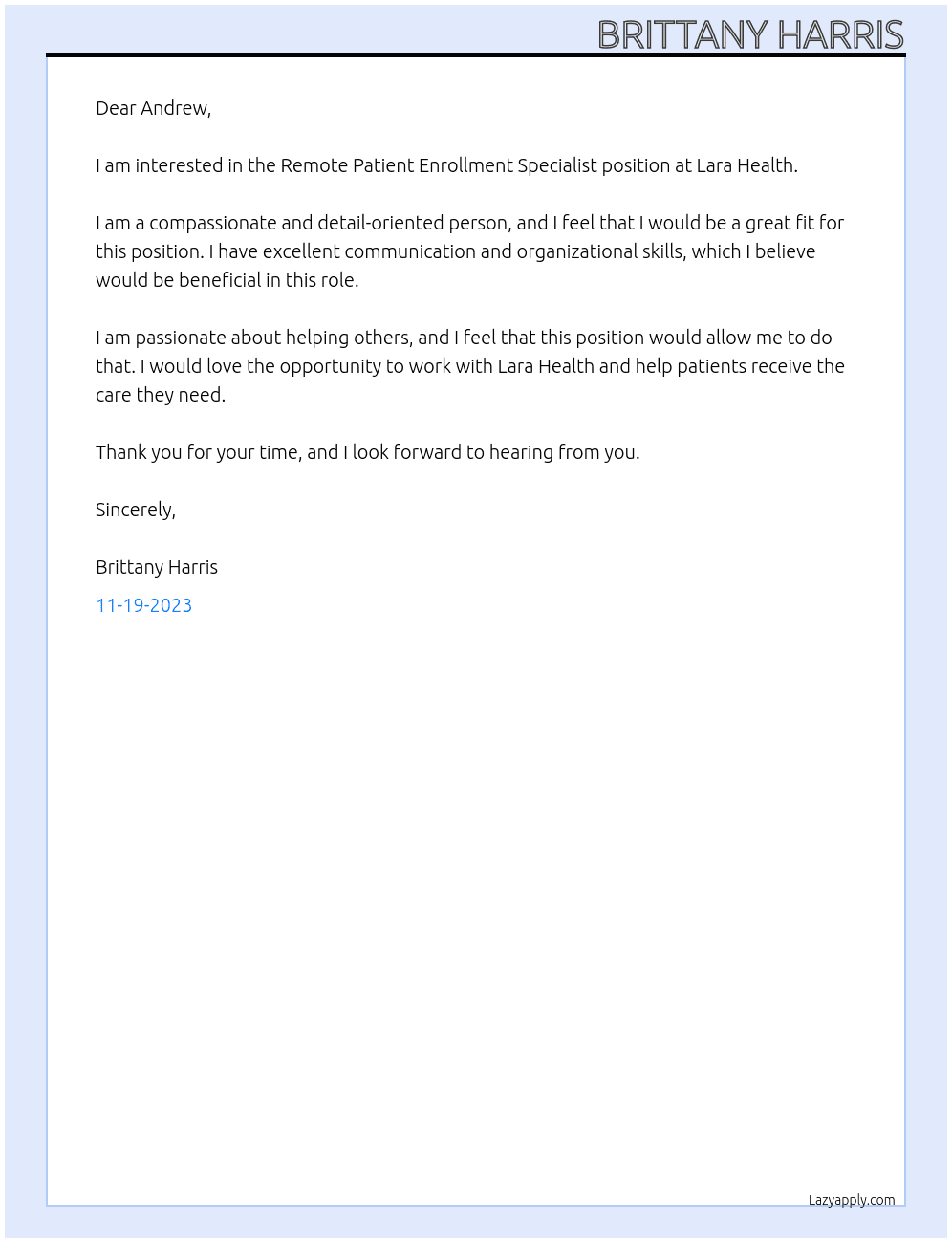 Remote Patient Enrollment Specialist  At Lara Health Cover Letter
