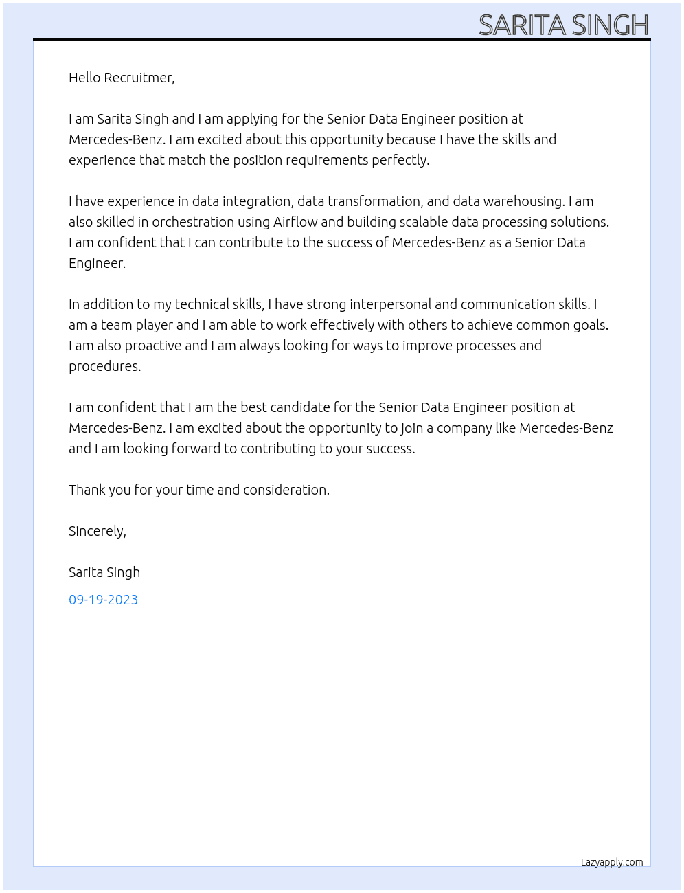 Senior Data Engineer At Mercedes-Benz  Cover Letter