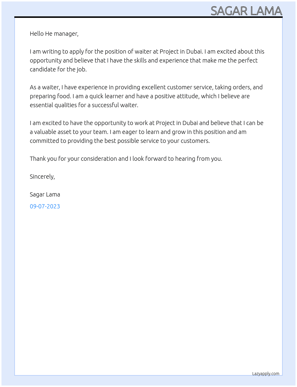 Waiter At Project in Dubai Cover Letter