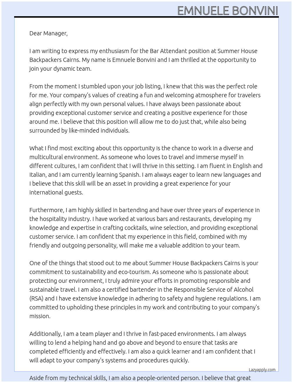 Bar attendant At Summer House Backpackers Cairns Cover Letter