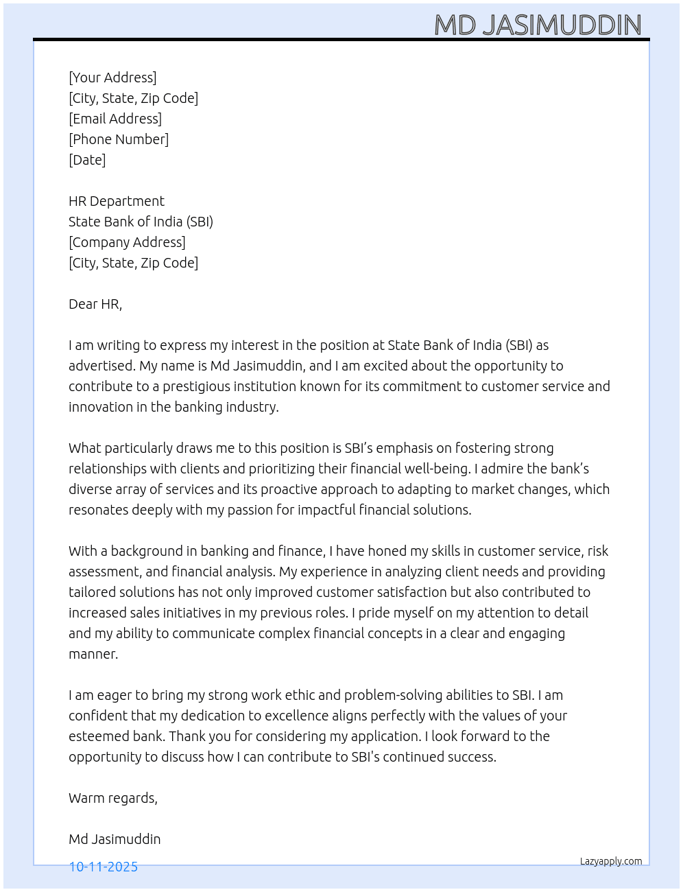 STATE BANK OF INDIA  At SBI Cover Letter