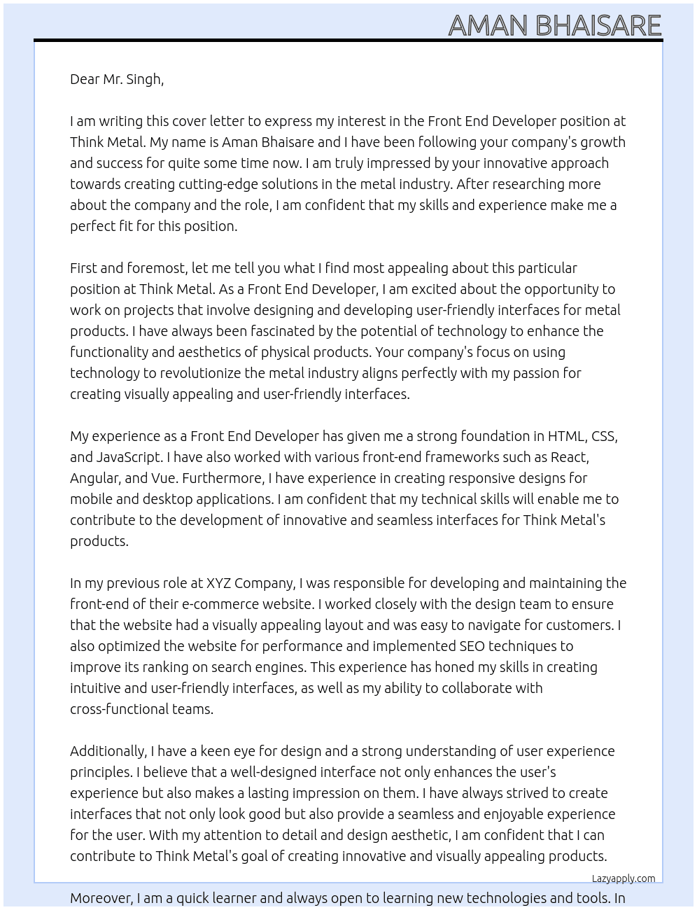 Front End Developer At Think Metal Cover Letter