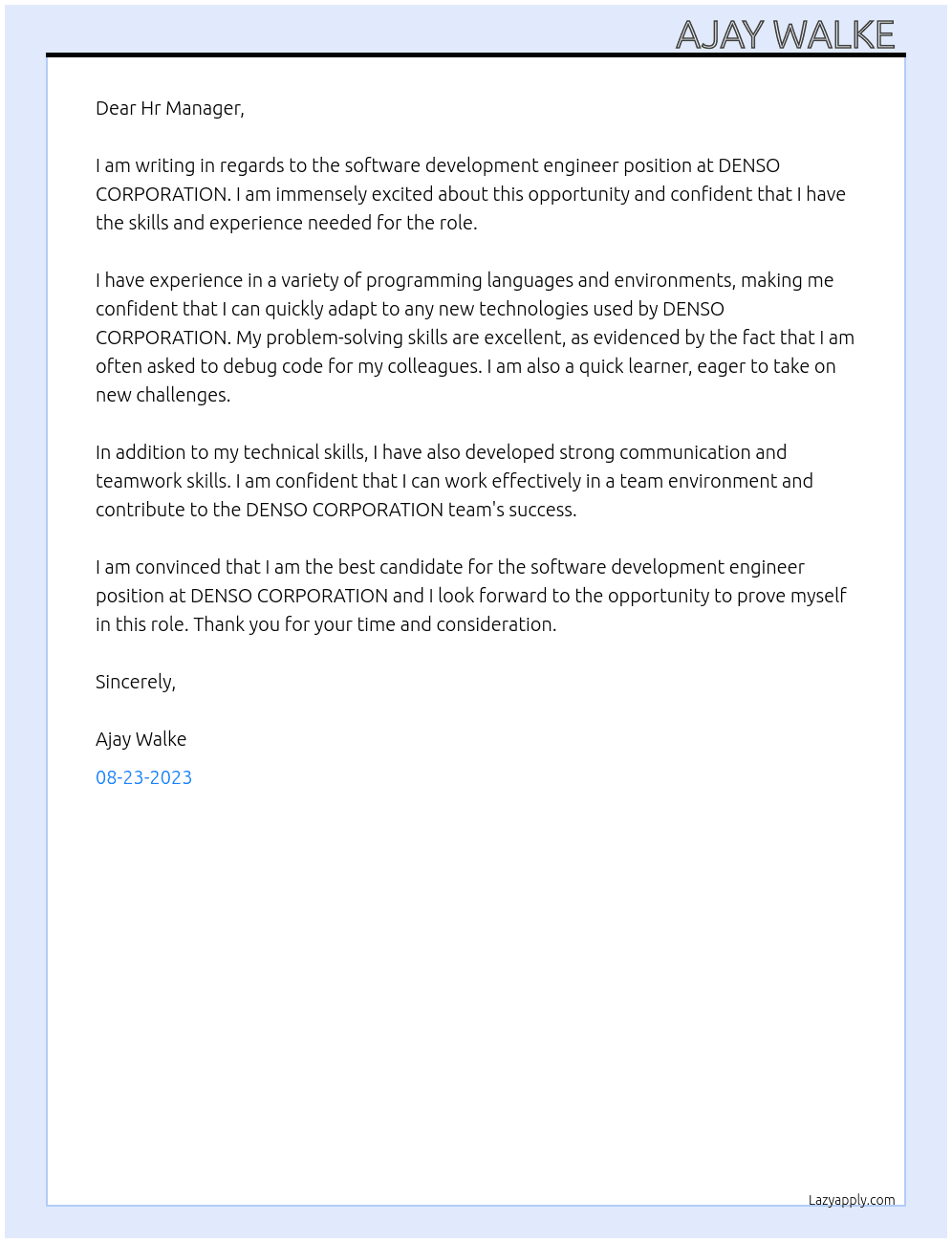 Software development engineer  At DENSO CORPORATION Cover Letter