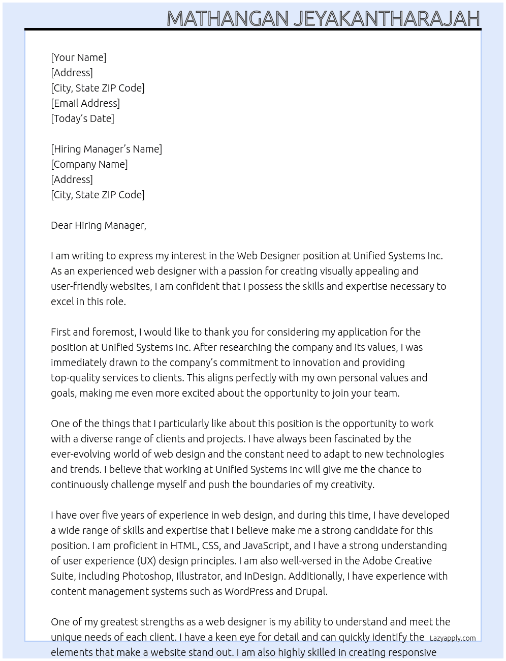 Web Designer At Unified Systems Inc Cover Letter